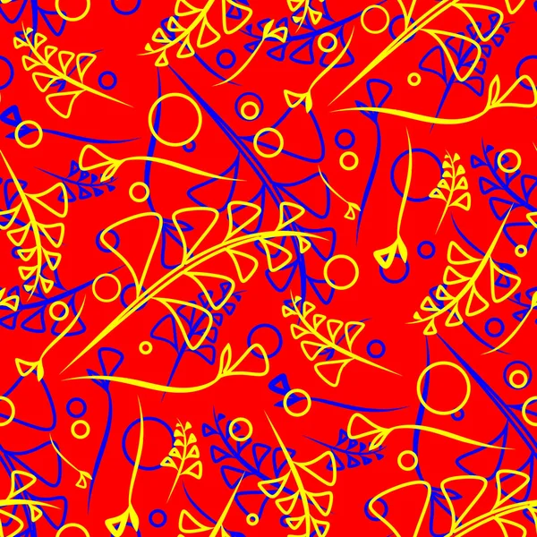 Vektör botanik parlak kırmızı ve mavi bitki ve çim kırmızı bir arka plan üzerinde bıçak desen. Kağıt veya ev eşyaları için