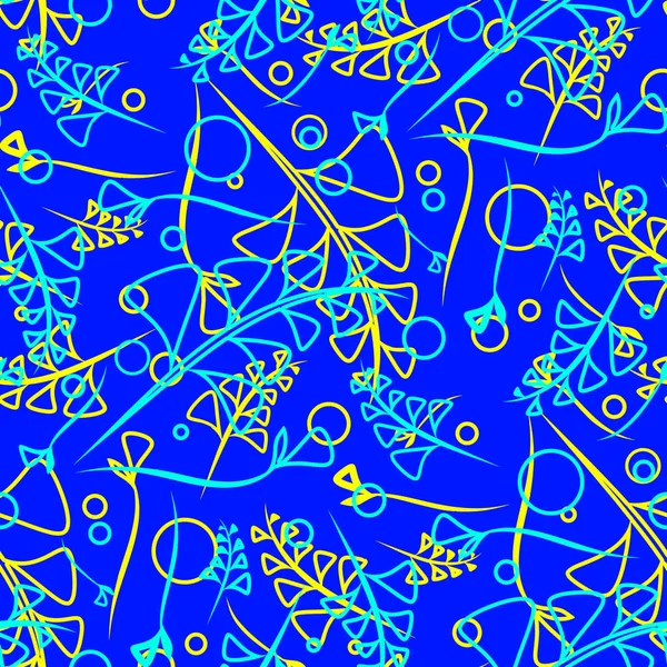 Goffed ve sarı bitkiler botanik parlak desen vektör ve bıçaklar mavi bir arka plan üzerinde çim. Kağıt veya ev eşyaları için