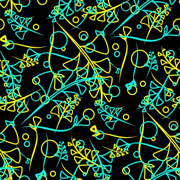 Vektör botanik parlak goffed ve sarı bitki ve çim bıçaklar siyah bir arka plan deseni. Kağıt veya ev eşyaları için