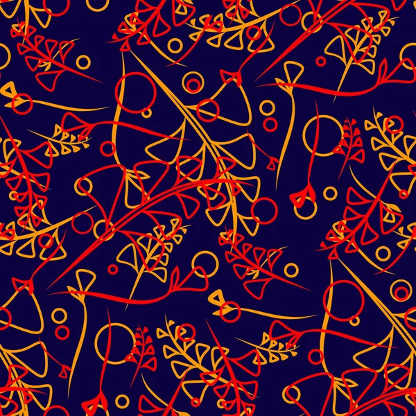 Kırmızı ve sarı çiçekler ve çim karanlık deniz arka planda vektör botanik desen. Kağıt veya ev eşyaları için