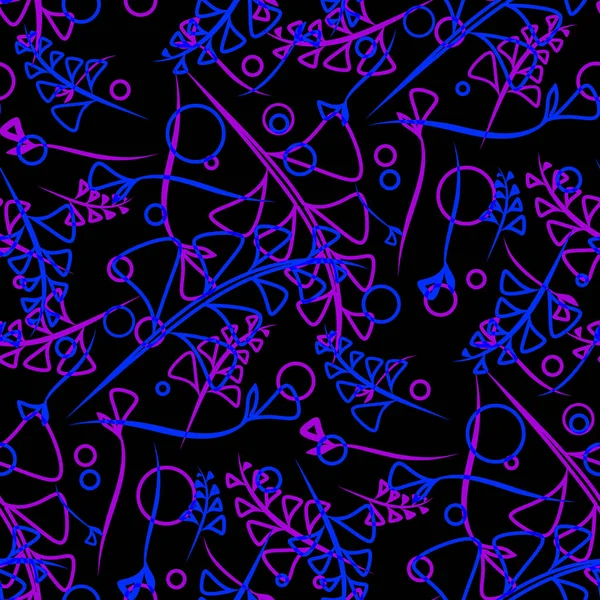 Vektör botanik desen mor ve mavi bitki ve çim bıçaklar etnik tarzda siyah bir zemin üzerine. Kağıt veya ev eşyaları için