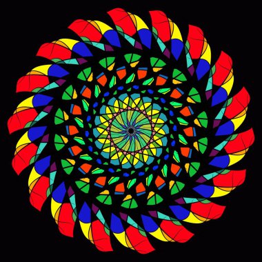 Vitray soyutlama. Daireler siyah bir arka plan üzerinde renkli etnik.