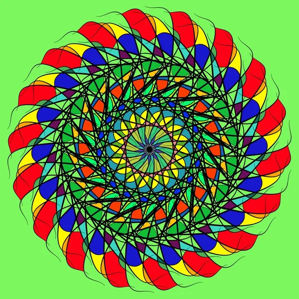 Vitray soyutlama. Açık yeşil arka planı üzerinde etnik çok renkli daire.