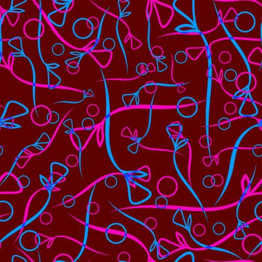 Vektör desen bitki pembe ve mavi kaynaklanıyor ve etnik tarzda Bordo arka plan üzerinde daireler. Kumaş veya nesneleri tasarım doğal ürünlerin tasarımı için