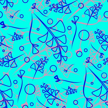 Vektör desen bir bitki mavi ve pembe sapları ve doğal bir tarzda mavi bir arka plan üzerinde öğeleri. Kumaş veya nesneleri tasarım doğal ürünlerin tasarımı için