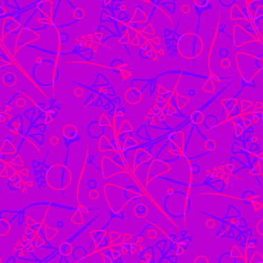 Bitki mavi ve pembe sapları ve öğeleri doğal bir tarzda mor bir arka plan üzerinde vektör desen. Kumaş veya nesneleri tasarım doğal ürünlerin tasarımı için
