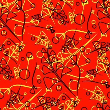 Bitki siyah ve sarı kaynaklanıyor ve öğeleri doğal bir tarzda kırmızı bir arka plan üzerinde vektör desen. Kumaş veya nesneleri tasarım doğal ürünlerin tasarımı için