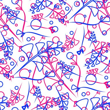 Vektör desen bir bitki mavi ve pembe sapları ve doğal bir tarzda beyaz bir arka plan üzerinde öğeleri. Kumaş veya nesneleri tasarım doğal ürünlerin tasarımı için