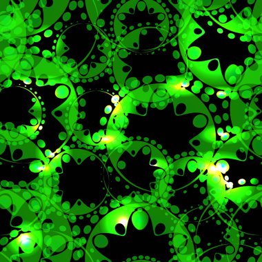 Vektör soyut parlayan çimenli seamless modeli sabun köpüğü ve kumaşlar veya hediye kağıt için siyah bir arka plan üzerinde bir ışık yeşil tasarım vites. Dekorasyon ve tasarım festival için