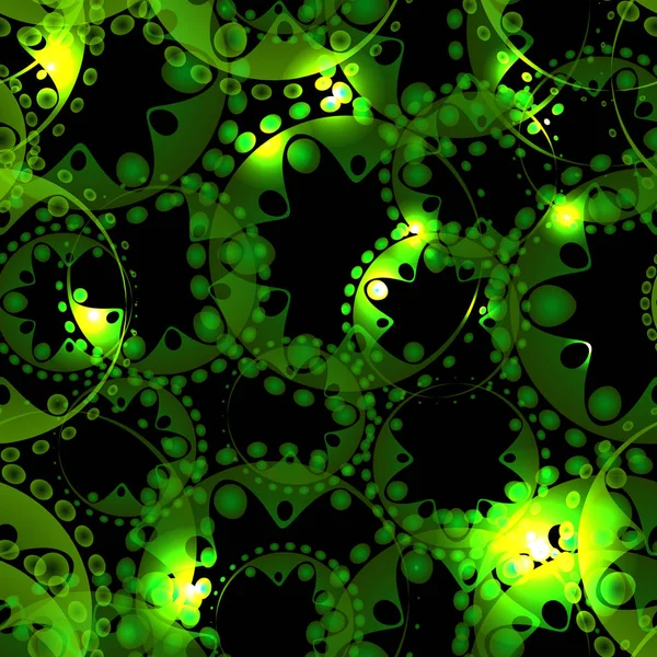 Vector Abstrakt Glödande Mönster Kugghjul Och Sfärer Gröna Och Gula — Stock vektor