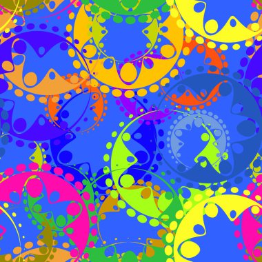 Parlak renkli vites ve defne çelenk kaleydoskop tarzı mavi bir arka plan üzerinde vektör sorunsuz doku. Çocuklar ve anneler veya festival kağıt için kumaş süslemeleri.