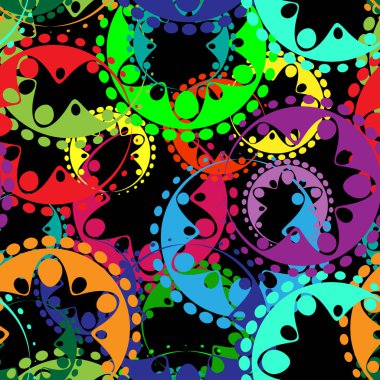 Parlak renkli vites ve defne çelenk kaleydoskop tarzı siyah bir arka plan üzerinde vektör sorunsuz doku. Çocuklar ve anneler veya festival kağıt için kumaş süslemeleri.