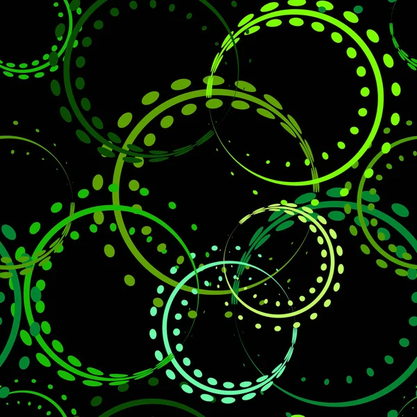Ljusa Lockar Och Cirklar Gröna Nyanser Svart Bakgrund Mönstret Perfekt — Stock vektor