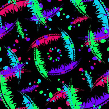 Desen parlak yaprakları ve çocuk renkleri siyah bir arka plan bahçe bitkilerin yaprakları. Kağıt, kumaş veya organik ürünler için.