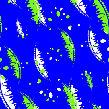 Desen soyut yaprakları ve mavi bir arka plan üzerinde yeşil ve beyaz renklerde Bahçe bitkilerin yaprakları. Kağıt, kumaş veya organik ürünler için.