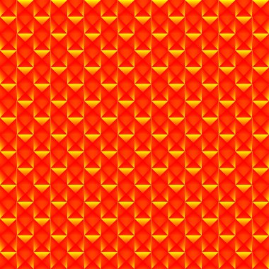 Kırmızı kareler ve çizgili sarı üçgenler döşenmiş desen.