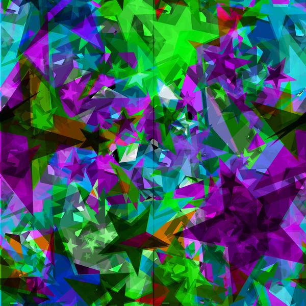 Brillantes estrellas púrpuras de papel de aluminio en fragmentos verdes de vidrio . — Vector de stock