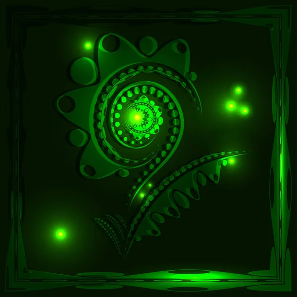 明亮明亮的绿色大花在雕刻的霓虹灯框架. — 图库矢量图片
