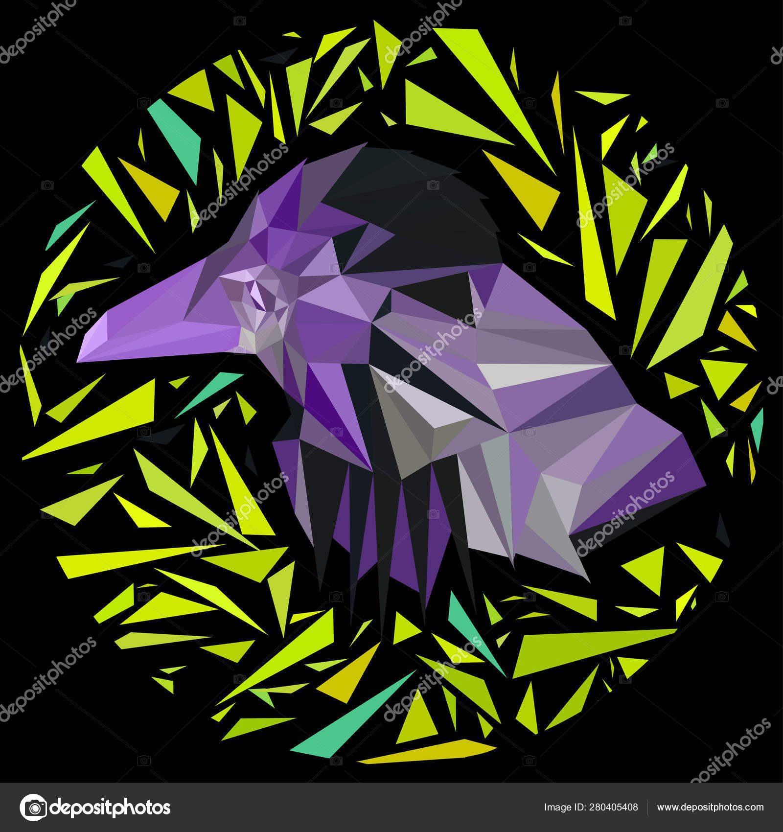 一只明亮的紫色鸟 由散落的黄色三角形框成一个圆圈 图库矢量图像 C Grachyhamr