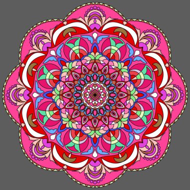 Canlı renklerle çember şeklinde mandala. Renkli kart, duvar kağıdı, afiş. Rahatla ve meditasyon posteri. Afiyet olsun! Eps 10.