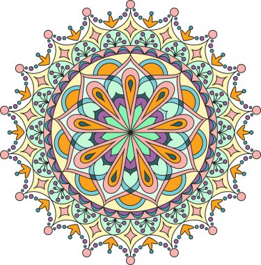 Canlı renklerle çember şeklinde mandala. Renkli kart, duvar kağıdı, afiş. Rahatla ve meditasyon posteri. Afiyet olsun! Eps 10.