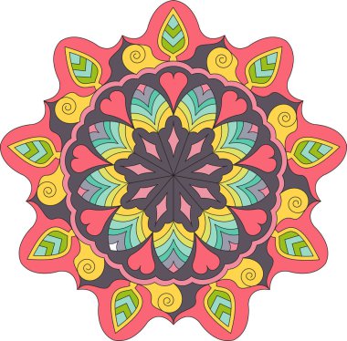 Canlı renklerle çember şeklinde mandala. Renkli kart, duvar kağıdı, afiş. Rahatla ve meditasyon posteri. Afiyet olsun! Eps 10.