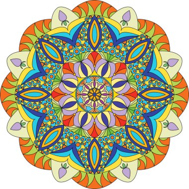 Canlı renklerle çember şeklinde mandala. Renkli kart, duvar kağıdı, afiş. Rahatla ve meditasyon posteri. Afiyet olsun! Eps 10.