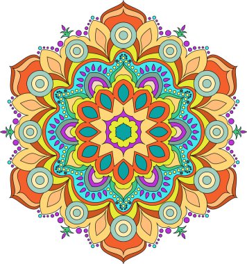 Canlı renklerle çember şeklinde mandala. Renkli kart, duvar kağıdı, afiş. Rahatla ve meditasyon posteri. Afiyet olsun! Eps 10.