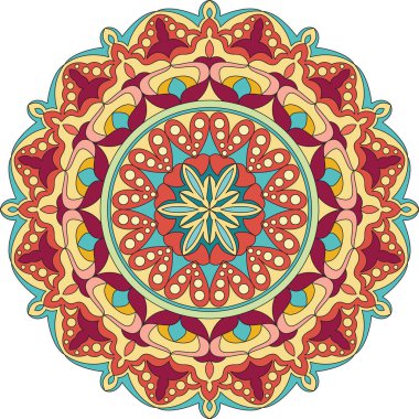 Canlı renklerle çember şeklinde mandala. Renkli kart, duvar kağıdı, afiş. Rahatla ve meditasyon posteri. Afiyet olsun! Eps 10.