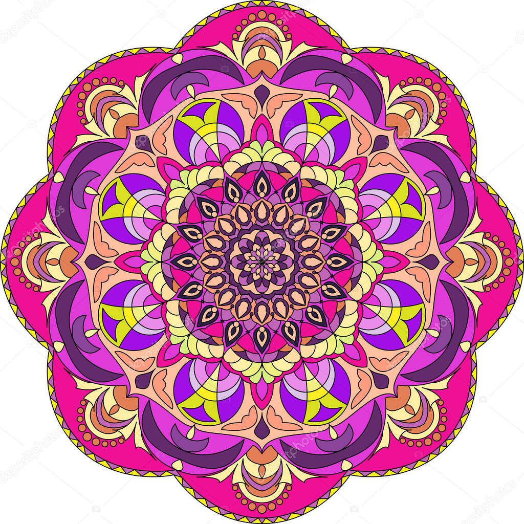 Circle mandala with vibrant colors. Colorful card, wallpaper, banner. Relax and meditation poster. Enjoy! Eps 10.