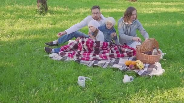 Alegre familia sentada en el césped durante un picnic en un parque, todos desayunan. hay una canasta con comida. Frutas frescas — Vídeos de Stock