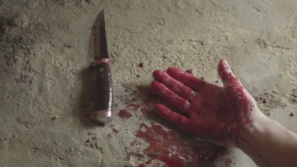 Окровавленную руку с ножом. Понятие убийства. Хэллоуин — стоковое видео