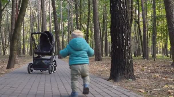 Baby pojke tar sitt första steg i parken. höstdag. — Stockvideo