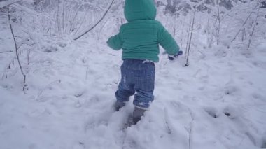 Küçük çocuk yürür ve karlı Wood, kış orman yavaş hareket üzerinde yürüyen çocuk oyun