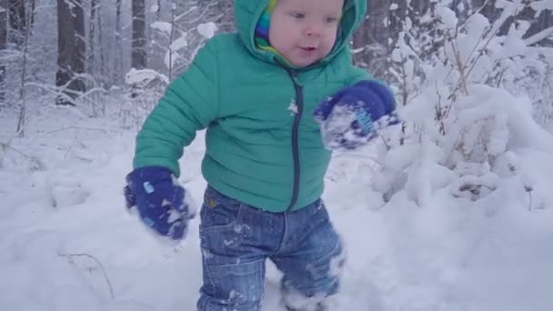 Liten pojke promenader och spela på snöiga trä, barn gå på vintern skog slowmotion — Stockvideo