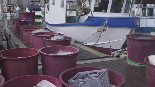 Vesselis met drijfnetten vissen geparkeerd in de buurt van pier. — Stockvideo