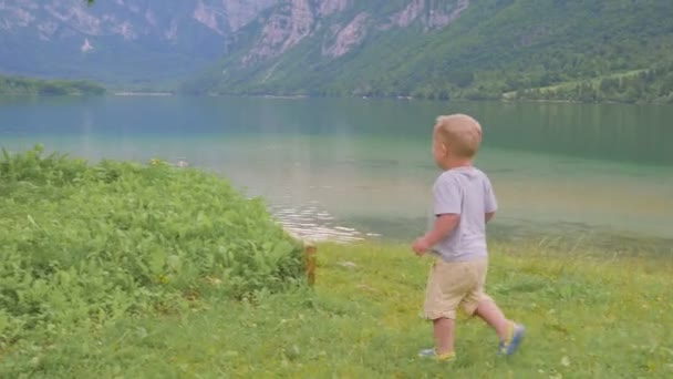 Petit garçon 2 ans dans l'eau du lac de montagne de la forêt. vue arrière . — Video