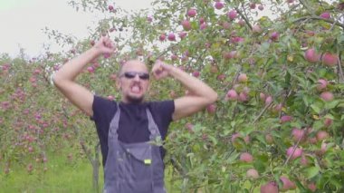 Yavaş çekim bir komik dans etmekten ve elma bahçesi çiftçi atlama. mutlu başarılı çiftçi elma mükemmel bir hasat ile orchard yakınındaki