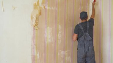 İşçi duvardan duvar kağıdı alır. Evde tamir