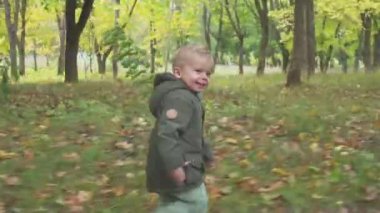 İki yıl yaşlı çocuk sonbahar ormanda çalışan park