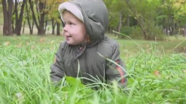 İki yıl yaşlı çocuk sonbahar ormanda çalışan park