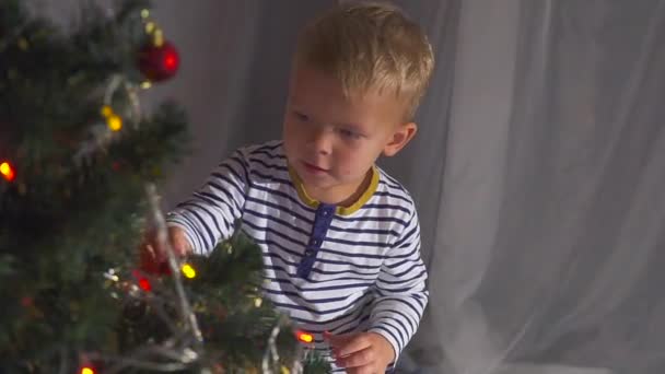 Zweijähriger Junge spielt mit Weihnachtsspielzeug am Weihnachtsbaum, aus nächster Nähe. Porträt eines Kindes neben einem Weihnachtsbaum. — Stockvideo