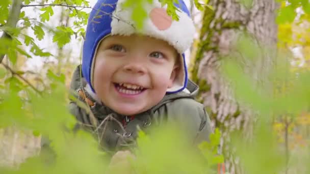 Портрет мальчика, играющего в осеннем парке и улыбающегося — стоковое видео