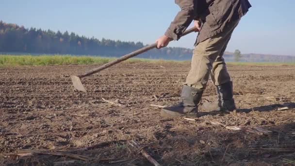 El hombre cultiva manualmente la tierra con una azada de cerca — Vídeo de stock