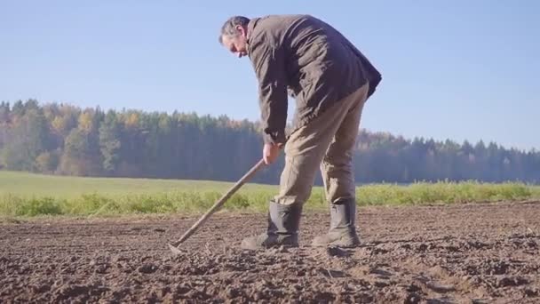 El hombre cultivar manualmente la tierra con una azada día soleado — Vídeo de stock