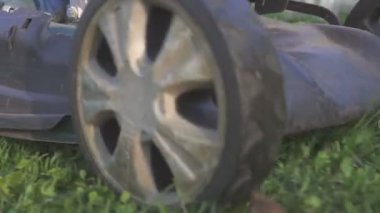 Çim biçme makinesi arka bahçesinde yeşil çim kesme. Bahçe arka plan.