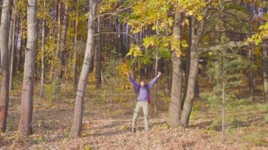 Bir sırt çantası ile mavi kazaklı adam turist sonbahar ormanda sevinir