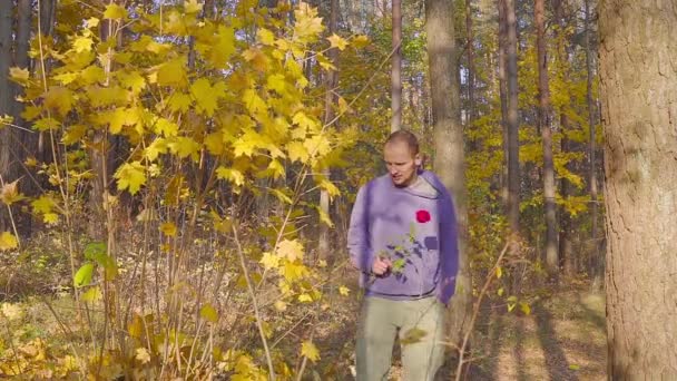 Mannen med röda rosor väntar hans älskade kvinna på ett datum i höst skogen — Stockvideo