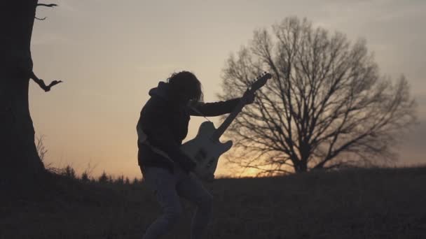 Человек, играющий на электрогитаре и поющий на поле возле дерева на закате. силуэт — стоковое видео