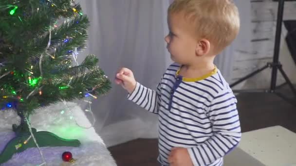 Two year old boy playing with Christmas toys on Christmas tree, close up. Portrait of a child near a Christmas tree. — Stock Video